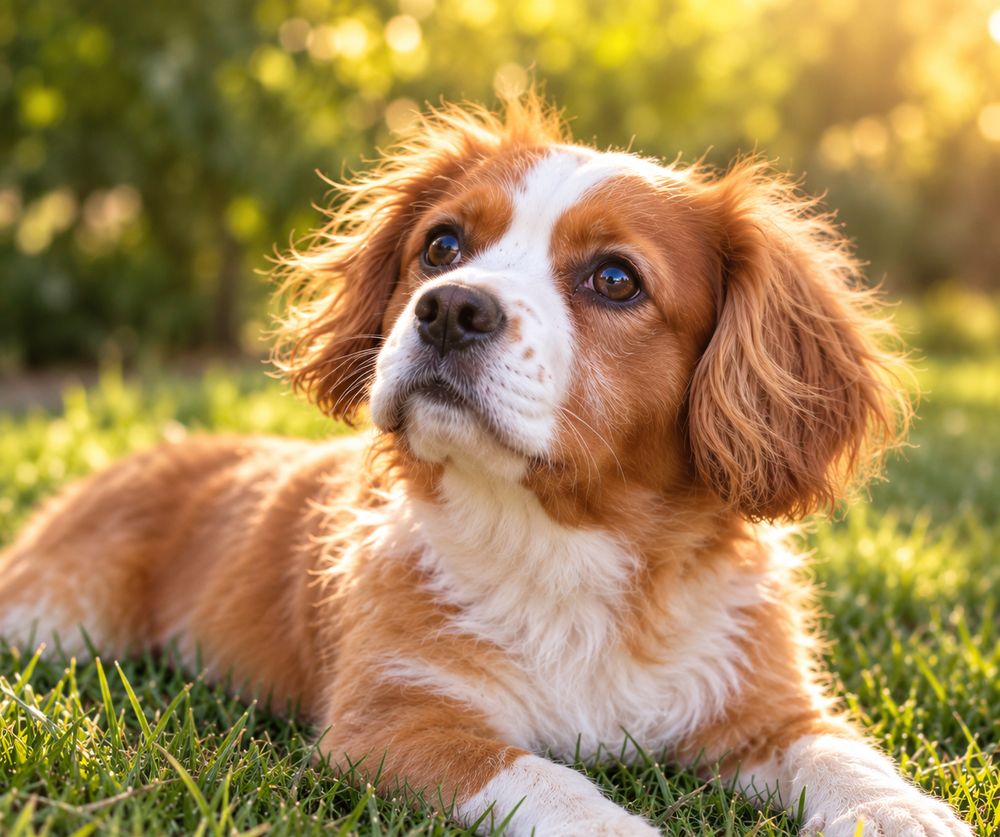 Portrait of Cisco, a red-and-white Cavoodle