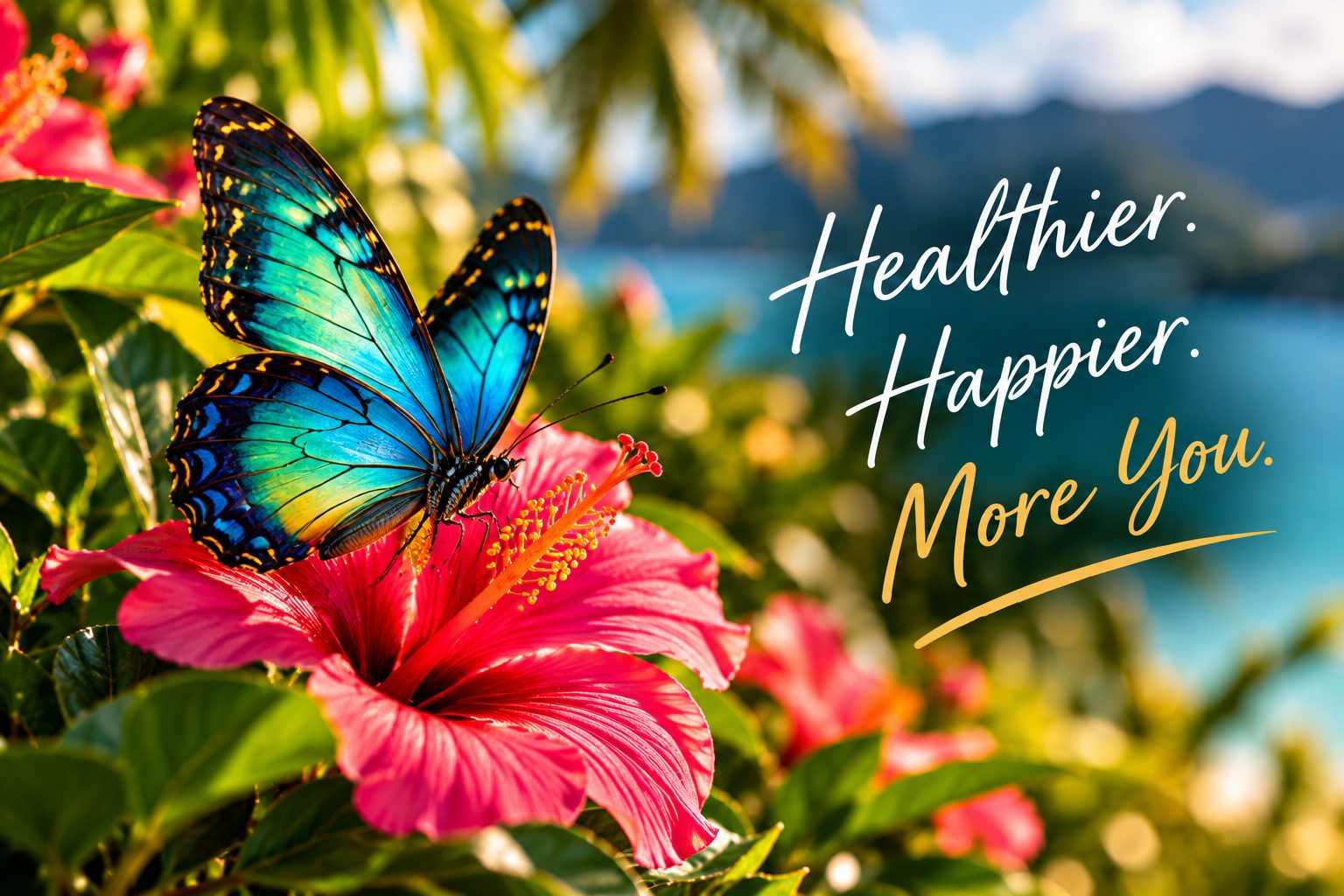 Butterfly on a hibiscus flower with the words Healthier. Happier. More you.